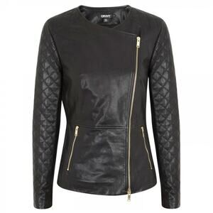 Donna Karan NY DKNY Black Lamb Leather Jacket Biker Moto Quilted Sleeve Zip L